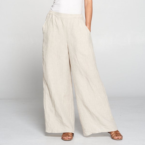 Pure Match, 100% Linen Palazzo pants wide leg full length Breezy Natural fiber