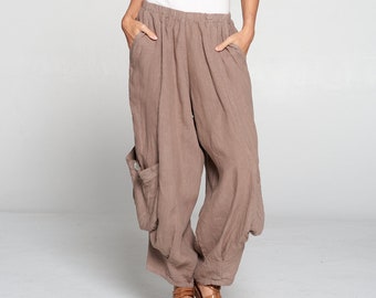 100% Linen Harem pants with big pockets / Breezy natural fiber / Match Point