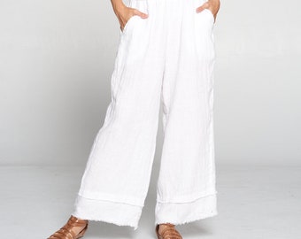 Pure Match, 100% Linen Palazzo frayed edge pants wide leg full length Breezy Natural fiber