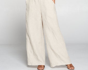 Pure Match, 100% Linen Palazzo pants wide leg full length Breezy Natural fiber