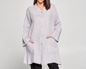 Pure Match,100% Linen Oversized button down shirt jacket with 4 pockets shell buttons breezy natural fiber