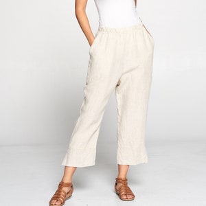 Pure Match, 100% Linen Capri pants with slit Elastic waist Breezy Natural fiber