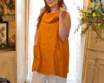 Pure Match, 100% Linen sleeveless cowl neck tunic top Breezy Natural fiber