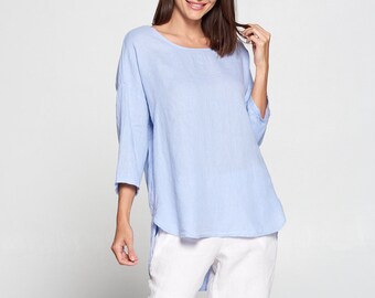 100/% Linen Square neck 34 sleeve top Breezy Natural fiber Pure Match