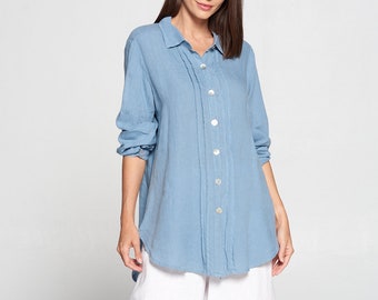 Pure Match, 100% Linen Boyfriend shirt button down collared  / women's clothing blouse / shell buttons / breezy natural fiber