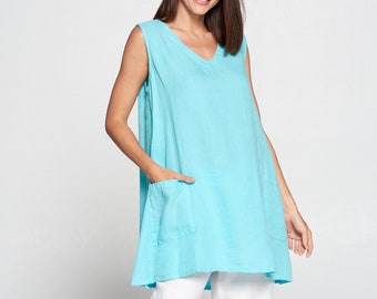 Pure Match, 100% Linen Sleeveless tunic top with two front pockets Breezy Natural fiber