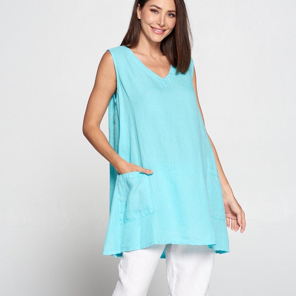 Pure Match, 100% Linen Sleeveless tunic top with two front pockets Breezy Natural fiber