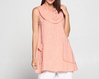 Pure Match, 100% Yarn dye linen sleeveless cowl neck tunic top Melange look Breezy Natural fiber