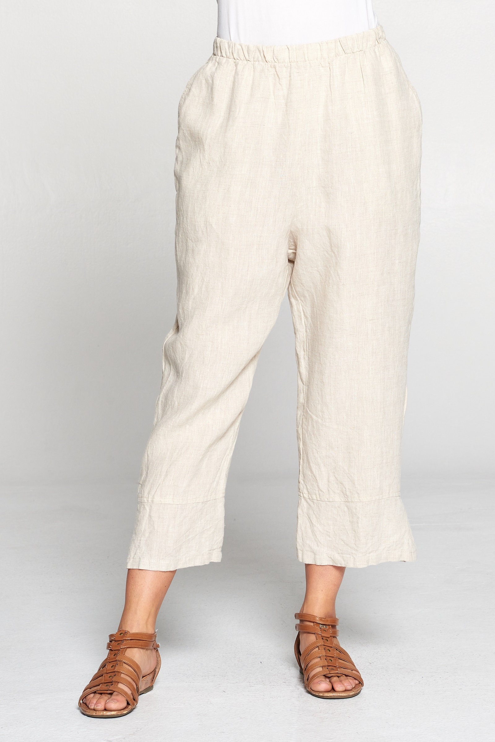 Pure Match, 100% Linen Capri Pants With Slit Elastic Waist Breezy ...