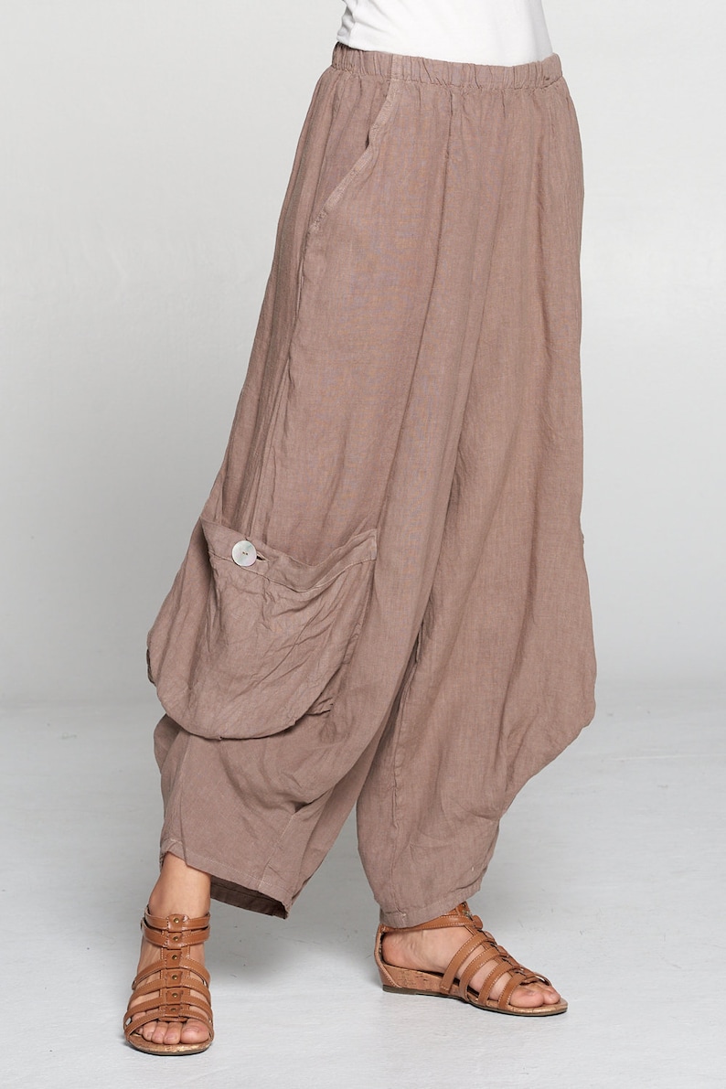 100% Linen Harem pants with big pockets / Breezy natural fiber / Match Point image 4