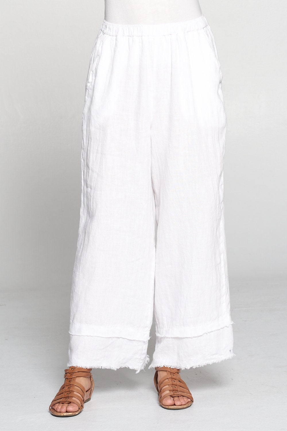 Pure Match, 100 Linen Palazzo Frayed Edge Pants Wide Leg Full Length