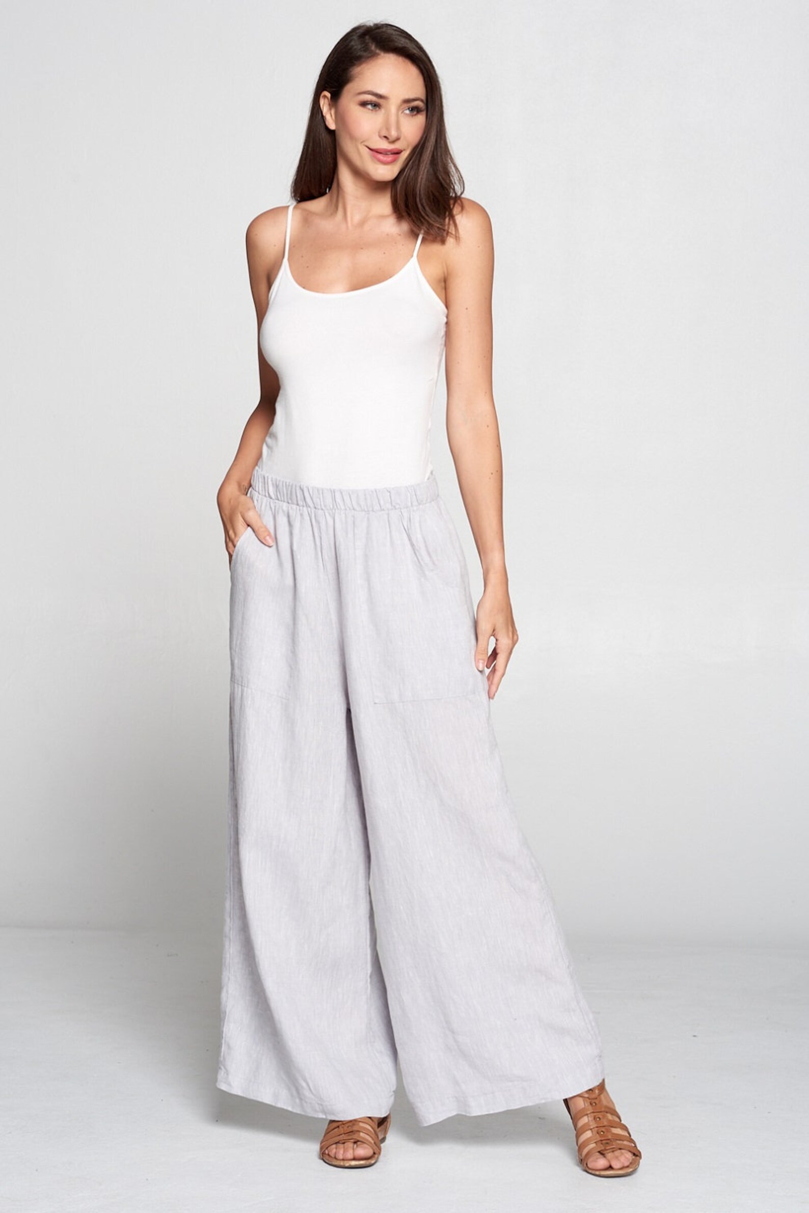 Pure Match 100 Linen Yarn Dye Palazzo Pants Wide Leg Full Etsy