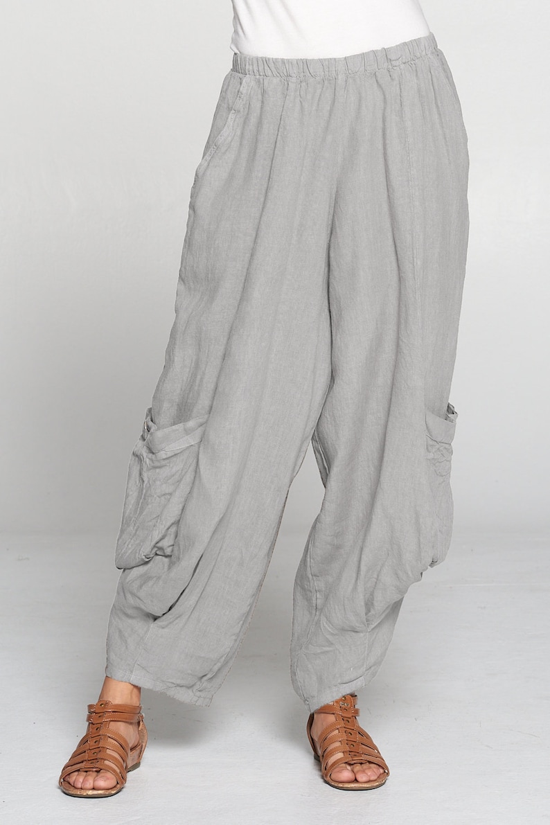 100% Linen Harem pants with big pockets / Breezy natural fiber / Match Point image 3