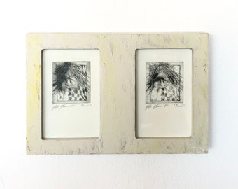 Pair of drypoints in limited edition and painted frame - Faces - by John Hansen, Denmark 1984