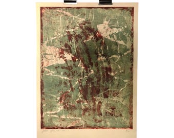 Etching in green and red, abstract - limited edition - By John Hansen 2003, Denmark