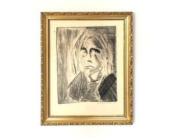 Drypoint print from 1976 in gold vintage frame - original work by John Hansen