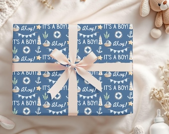 Nautical Baby Shower Gift Wrap For Baby Boy, Little Sailor Baby Boy Shower, Maritime Gift Wrapping Paper, Blue Baby Shower Gift Decor Paper