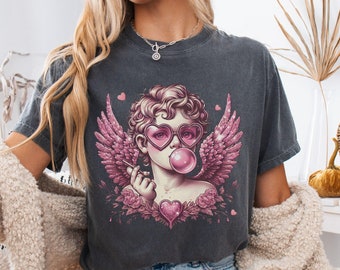 Retro Cupid Shirt Trendy Graphic Tee, Angel Blowing Bubble Gum Shirt, Unique Valentine's Day Shirt, Cute Pink Valentines Vintage Style Top