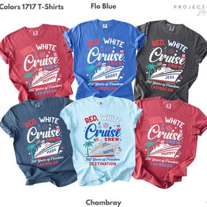 Puede incluir: Una colecci&oacute;n de camisetas Comfort Colors 1717 en varios colores, como carmes&iacute;, azul y denim. Cada camiseta presenta un dise&ntilde;o "Red, White, Cruise Crew" con un gr&aacute;fico de crucero y texto personalizado. Perfectas para un crucero.