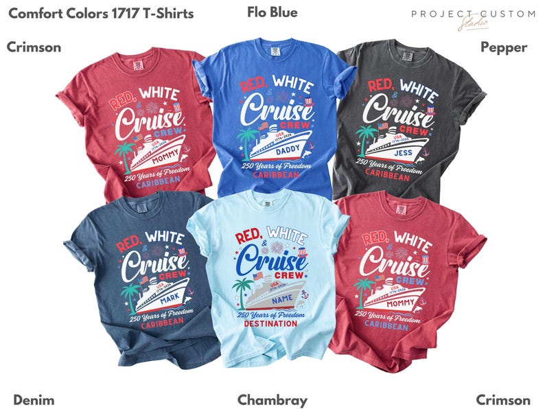 Puede incluir: Una colecci&oacute;n de camisetas Comfort Colors 1717 en varios colores, como carmes&iacute;, azul y denim. Cada camiseta presenta un dise&ntilde;o "Red, White, Cruise Crew" con un gr&aacute;fico de crucero y texto personalizado. Perfectas para un crucero.
