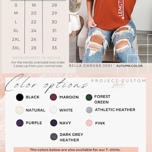 May include: Unisex adult crewneck t-shirt size chart with measurements in inches for width and length. The chart shows sizes from S to 3XL. The chart is accompanied by a photo of a woman wearing a rust-colored t-shirt. The image also includes a color chart with various colors for the t-shirt. The text "Bella Canvas 3001 Autumn Color" is visible in the image.