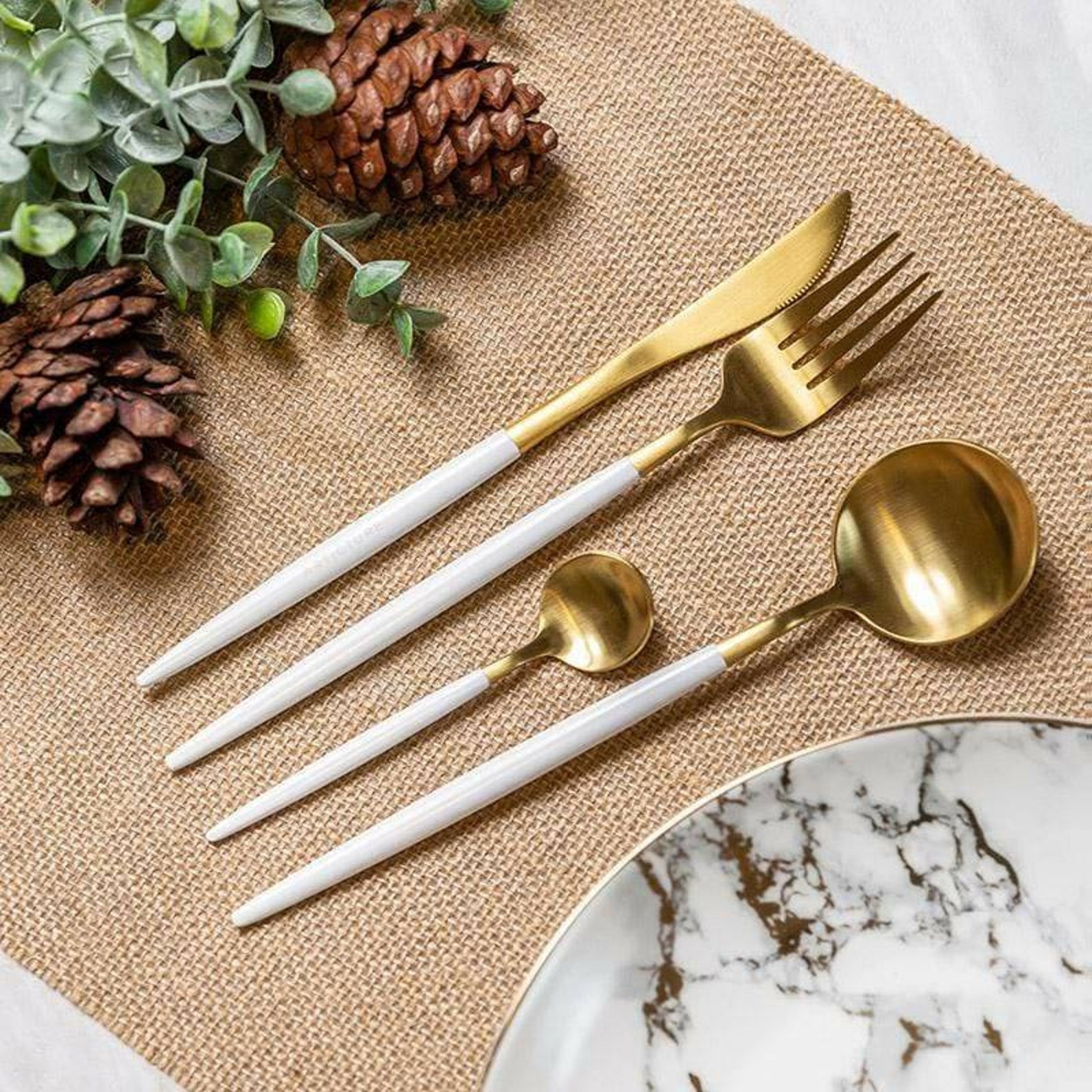 White and Gold Cutlery Set Luxury Utensils Stainless Steel Etsy