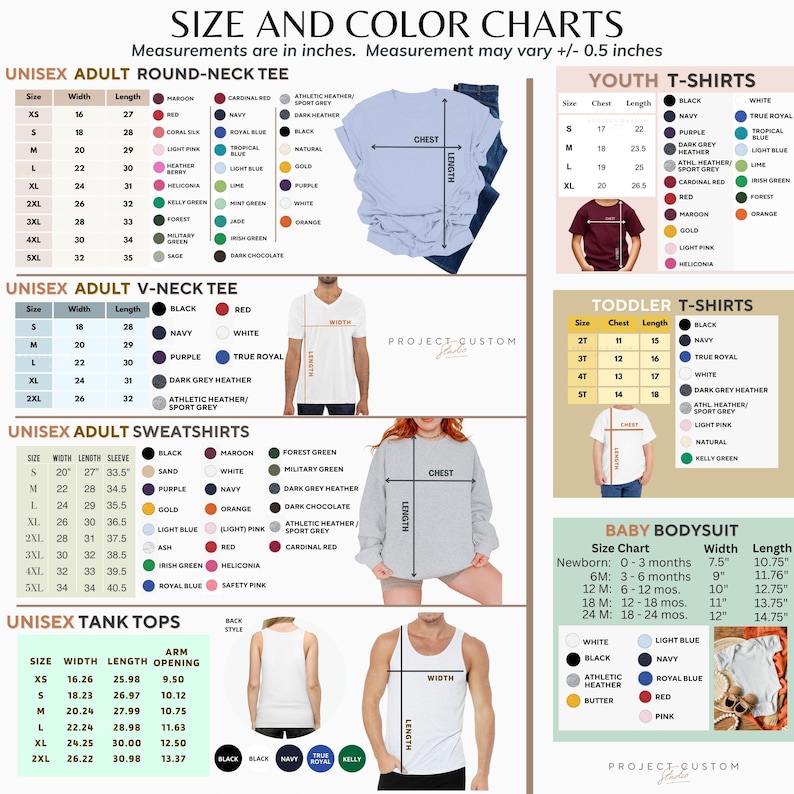 May include: Size and color charts for various t-shirts, sweatshirts, and tank tops, with measurements in inches. Includes size charts for unisex adult round-neck and V-neck tees, sweatshirts, tank tops, youth t-shirts, toddler t-shirts, and baby bodysuits.