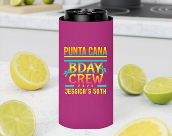 Custom 50th Birthday Crew Can Cooler Sleeves, Personalized 60th Bday Matching Can Coolers Party Favors, Beach Girls Weekend Trip Gift Idea
