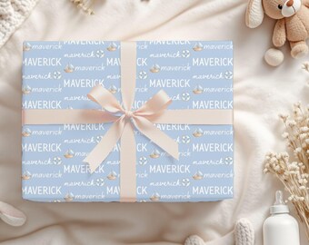 Custom Name Nautical Baby Shower Gift Wrap For Baby Boy, Personalized Little Sailor Baby Boy Shower, Maritime Gift Wrapping Paper With Name