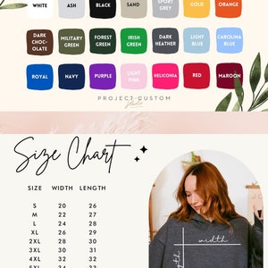 May include: A size chart for hooded sweatshirts with measurements in inches. The chart shows the width and length of the sweatshirt in inches for sizes S through 5XL. The chart also includes a photo of a model wearing a gray hooded sweatshirt.