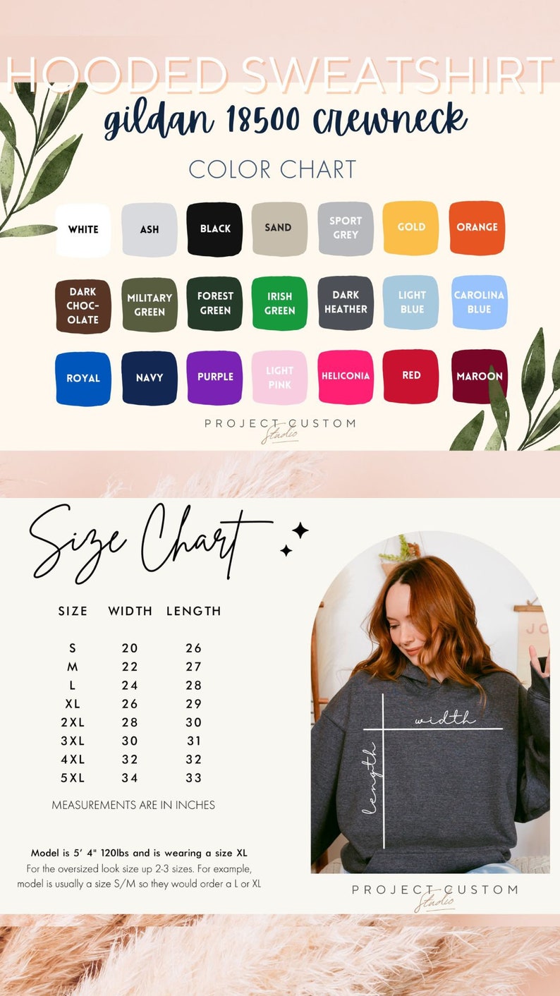 May include: A size chart for hooded sweatshirts with measurements in inches. The chart shows the width and length of the sweatshirt in inches for sizes S through 5XL. The chart also includes a photo of a model wearing a gray hooded sweatshirt.