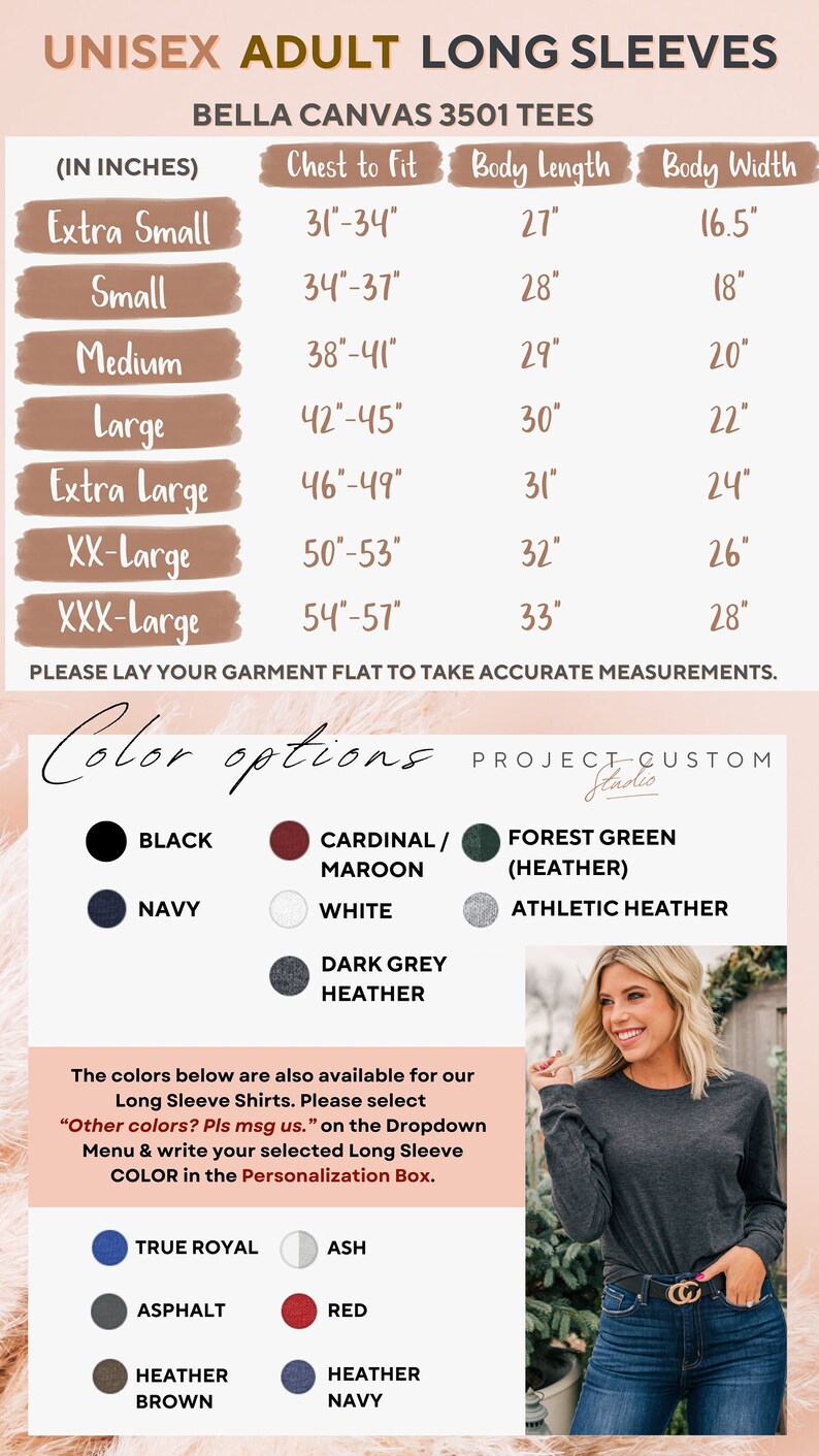 May include: Unisex long-sleeve t-shirt size chart with measurements in inches. Color options include black, navy, cardinal/maroon, white, dark grey heather, forest green (heather), and athletic heather. The chart also includes additional color options for long-sleeve shirts: true royal, ash, asphalt, red, heather brown, and heather navy.