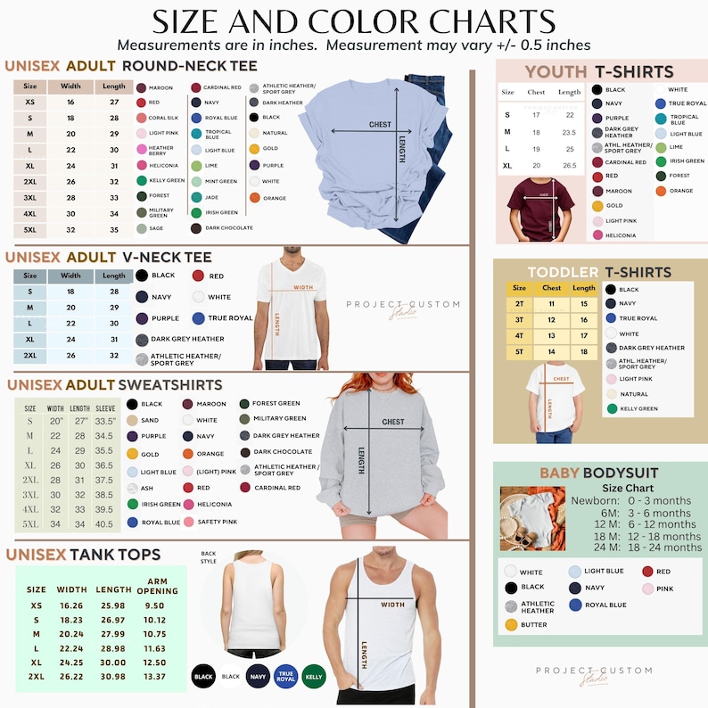 May include: Size and color charts for unisex adult round neck, v-neck, and tank tops, unisex adult sweatshirts, youth t-shirts, toddler t-shirts, and baby bodysuits. The charts include measurements in inches for width, length, sleeve length, chest, and arm opening. The charts also include a variety of colors for each garment type.