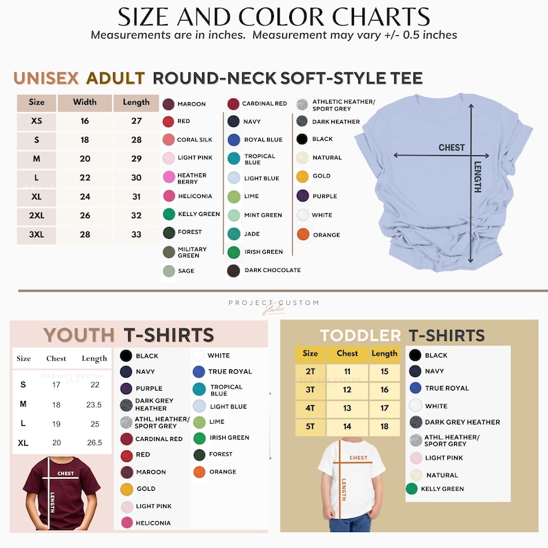Pu&ograve; includere: Tabelle di taglie e colori per t-shirt unisex per adulti e bambini. Le tabelle mostrano le misure di larghezza, lunghezza e petto in pollici. Le opzioni di colore includono marrone, rosso, seta corallo, rosa chiaro, bacche di erica, heliconia, verde kelly, bosco, verde militare, salvia, blu navy, blu reale, blu tropicale, blu chiaro, lime, verde menta, giada, verde irlandese, cioccolato fondente, nero, viola, grigio scuro melange, melange atletico/grigio sportivo, rosso cardinale, vero reale, bianco, blu chiaro, lime, verde irlandese, bosco, arancione, oro e rosa chiaro.