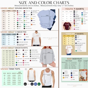 Puede incluir: Tablas de tallas y colores para varias prendas unisex y juveniles, incluyendo camisetas, sudaderas y camisetas sin mangas. Las medidas est&aacute;n en pulgadas, con tablas de tallas para adultos, j&oacute;venes, ni&ntilde;os peque&ntilde;os y beb&eacute;s. Los colores incluyen negro, blanco, azul marino, etc.