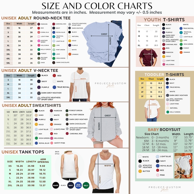 Puede incluir: Tablas de tallas y colores para varias prendas unisex y juveniles, incluyendo camisetas, sudaderas y camisetas sin mangas. Las medidas est&aacute;n en pulgadas, con tablas de tallas para adultos, j&oacute;venes, ni&ntilde;os peque&ntilde;os y beb&eacute;s. Los colores incluyen negro, blanco, azul marino, etc.
