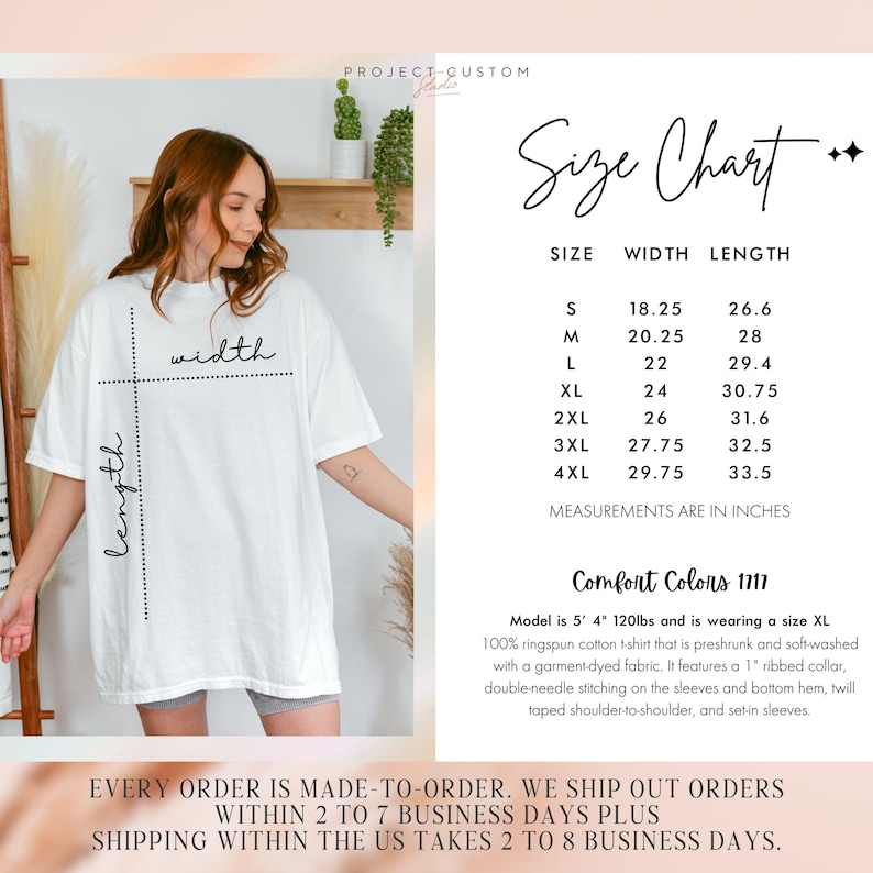 Pu&ograve; includere: Tabella delle taglie per una t-shirt bianca con misure in pollici. La tabella mostra la larghezza e la lunghezza della t-shirt nelle taglie S a 4XL. &Egrave; anche visibile il testo "Comfort Colors 1717".