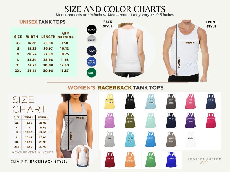 May include: Size and color charts for unisex tank tops and women's racerback tank tops. Measurements are in inches. The chart includes width, length, and arm opening measurements for various sizes. Color options are also displayed.