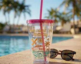 Custom 40th Birthday Tumbler With Straw | Personalized 16oz Straw Cup 50th Birthday Party Favor, Tropical Beach Cups Birthday Favor
