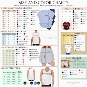 May include: Size and colour charts for t-shirts, sweatshirts, and tank tops. Measurements are in inches. Includes size charts for unisex adult round-neck tees, V-neck tees, sweatshirts, and tank tops, plus youth, toddler, and baby bodysuits.