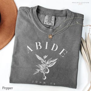 May include: A gray t-shirt with the word "ABIDE" in white lettering, a small branch with leaves and fruit, and the text "JOHN 15" below. The shirt has a distressed look and is made of a soft, comfortable fabric.