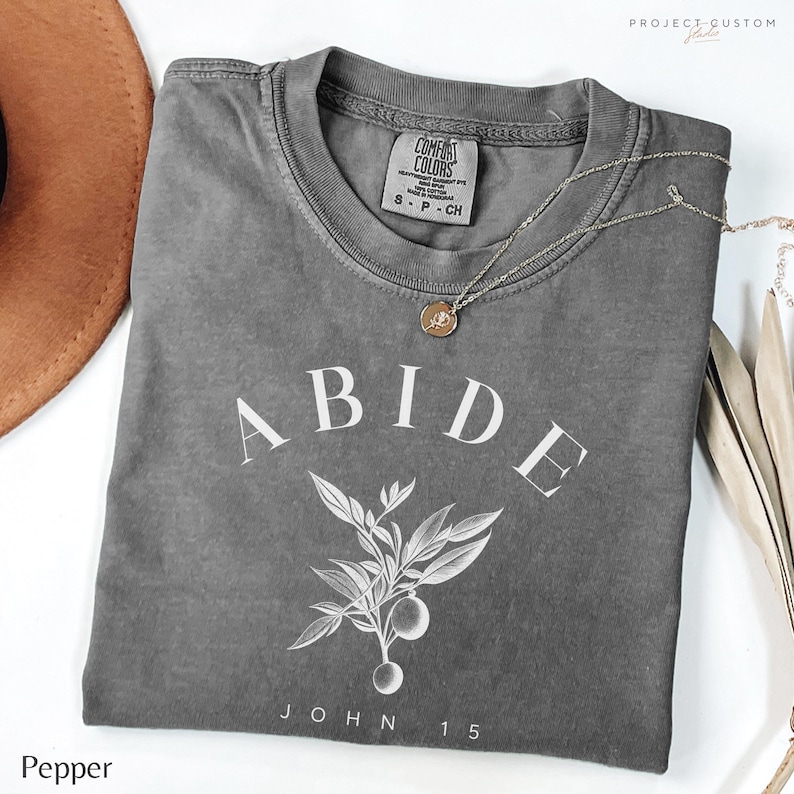 May include: A gray t-shirt with the word "ABIDE" in white lettering, a small branch with leaves and fruit, and the text "JOHN 15" below. The shirt has a distressed look and is made of a soft, comfortable fabric.