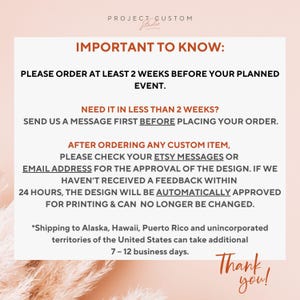May include: A peach-colored graphic with text from Project Custom Studio. The text includes important information about ordering custom items, including lead times and approval processes. The words "Thank you!" are written in a script font.