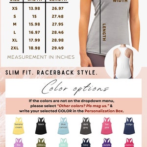 May include: Size chart for racerback tank tops with measurements in inches.  The chart shows sizes XS to 2XL with corresponding width and length measurements.  The image also shows a color chart with 20 different color options for the tank tops.