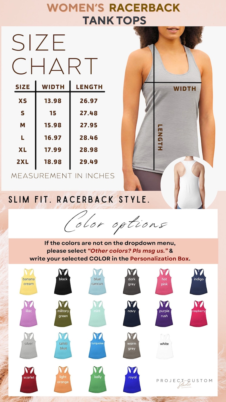 May include: Size chart for racerback tank tops with measurements in inches.  The chart shows sizes XS to 2XL with corresponding width and length measurements.  The image also shows a color chart with 20 different color options for the tank tops.