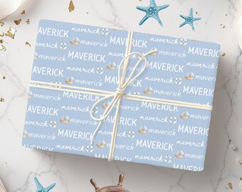 Custom Name Nautical Baby Shower Gift Wrap For Baby Boy, Personalized Little Sailor Baby Boy Shower, Maritime Gift Wrapping Paper With Name