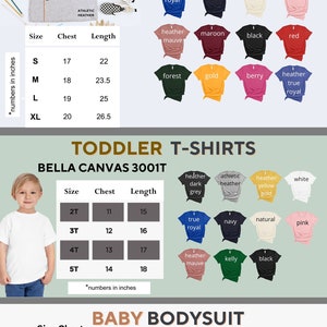 May include: A chart showing Bella Canvas 3001Y youth t-shirt sizes and colors, Bella Canvas 3001T toddler t-shirt sizes and colors, and Rabbit Skins 4400 baby bodysuit sizes and colors. The chart includes size, chest, and length measurements in inches.