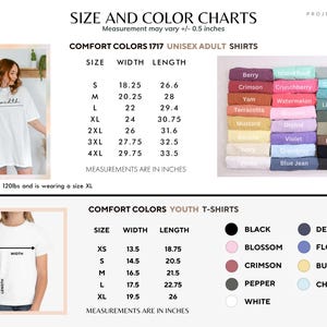 Puede incluir: Tablas de tallas y colores para camisetas unisex para adultos y j&oacute;venes. Las medidas est&aacute;n en pulgadas. Las tallas de camisetas para adultos van de la S a la 4XL, con anchos de 46,35 cm a 75,57 cm y largos de 67,56 cm a 85,09 cm. Tallas juveniles de XS a XL.