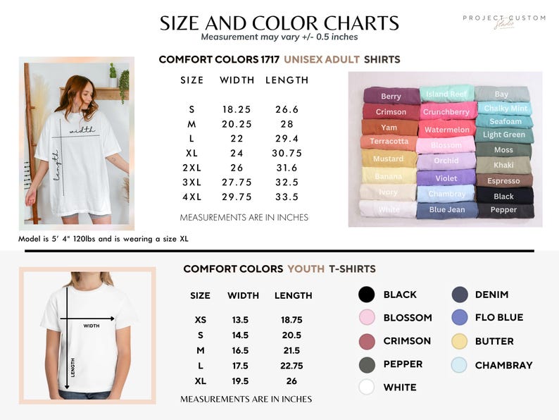 Puede incluir: Tablas de tallas y colores para camisetas unisex para adultos y j&oacute;venes. Las medidas est&aacute;n en pulgadas. Las tallas de camisetas para adultos van de la S a la 4XL, con anchos de 46,35 cm a 75,57 cm y largos de 67,56 cm a 85,09 cm. Tallas juveniles de XS a XL.