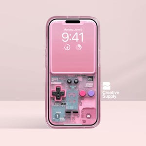 Sfondo rosa retrò trasparente per telefono Gameboy, circuito della console di gioco ultra-realistico, arte digitale, schermata di blocco, estetica pastello Y2K